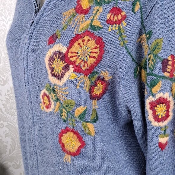 Victoria Jones Woman Size 1X Blue Knit Zip Front Cardigan Floral Embroidery EUC - Picture 4 of 12
